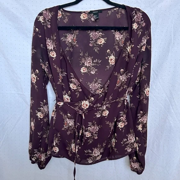 Forever 21 Tops Purple Floral Printed Button Wrap Blouse